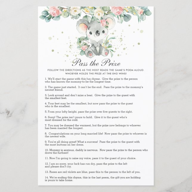 Koala Floral Greenery Baby Shower Pass the Prize  (Front)