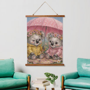 Koala Friends Sharing an Umbrella on a Rainy Day Hanging Tapestry
