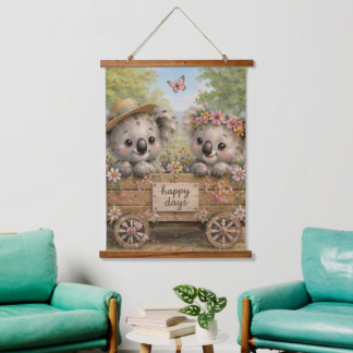 Koala Friends Sharing Happy Days in Flowers Hanging Tapestry