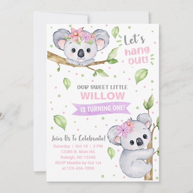 Koala girl birthday invitation, any age. invitation (Front)