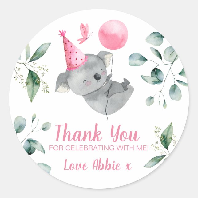 Koala Girl Pink Birthday Favor Classic Round Sticker (Front)