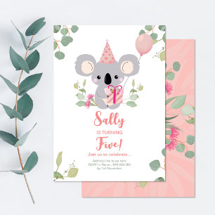 Koala Girl Pink Birthday Invitation