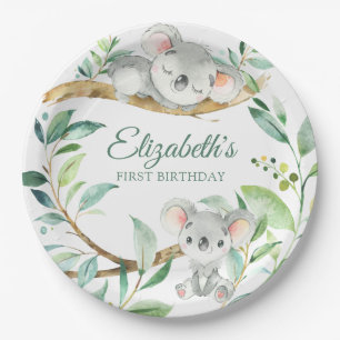 Koala Green and Gray Gender Neutral Baby Birthday Paper Plate