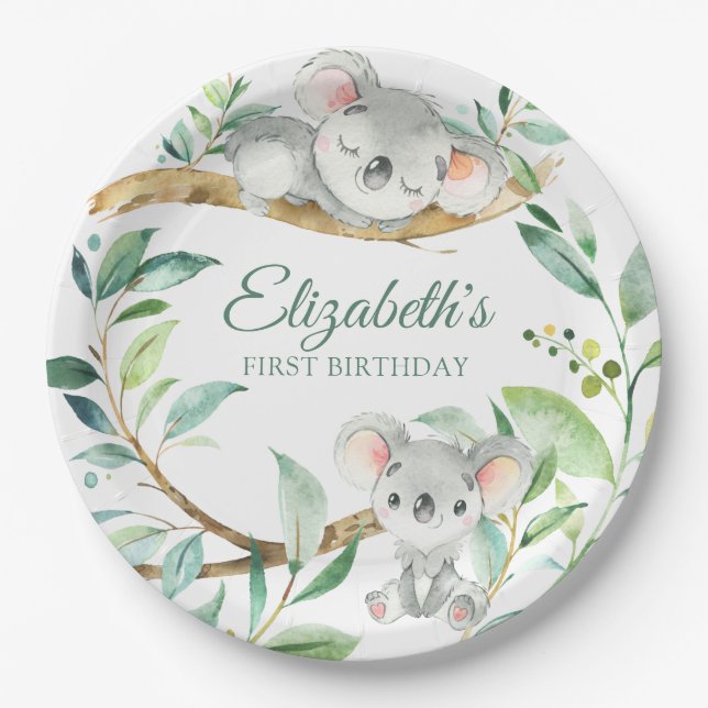 Koala Green and Grey Gender Neutral Baby Birthday Paper Plate (Front)