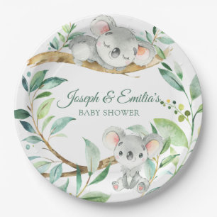 Koala Green and Grey Gender Neutral Baby Shower Paper Plate