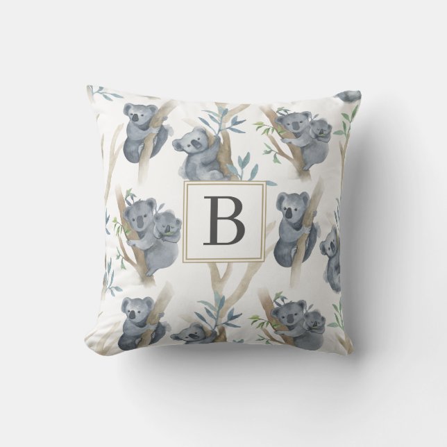 Koala Monogrammed Neutral Baby Nursery Pillow (Front)