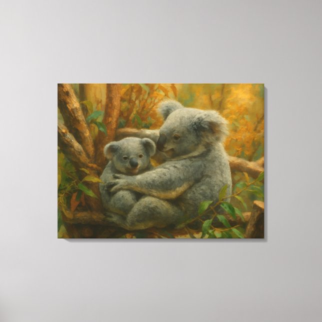 Koala Mother and Joey in Autumn Canopy Canvas Print (Front)