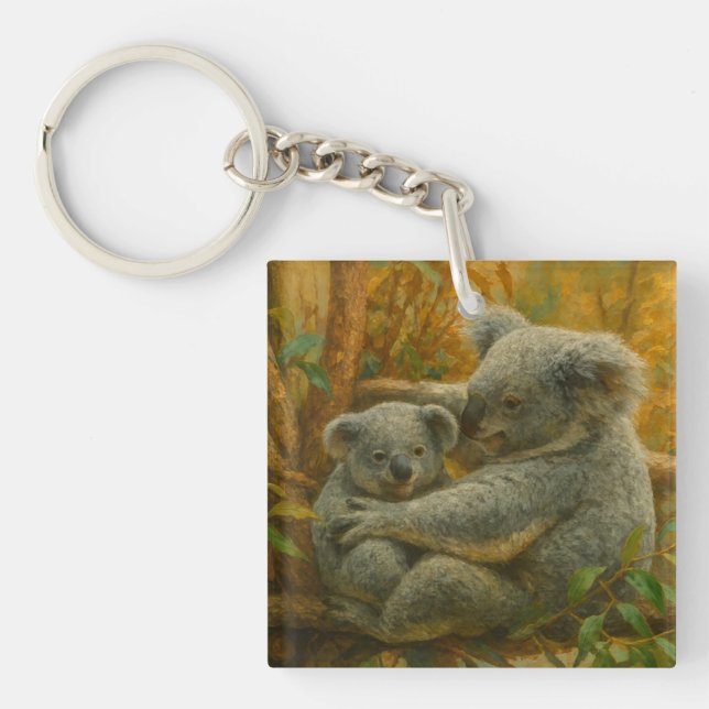 Koala Mother and Joey in Autumn Canopy Key Ring (Front)