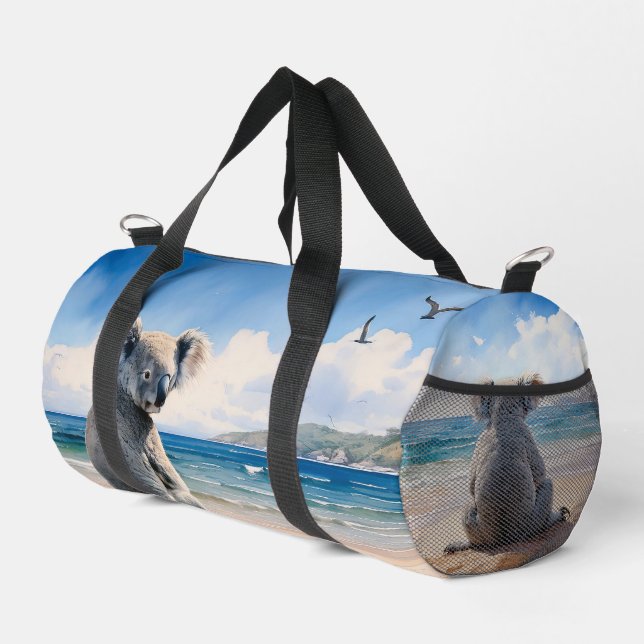 Koala on a sandy beach  duffle bag (Right Corner)