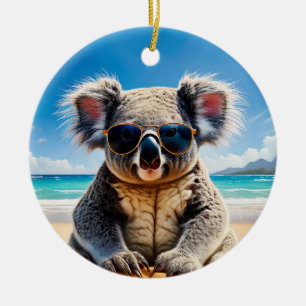 Koala on a sandy beach Merry Christmas Ceramic Tree Decoration