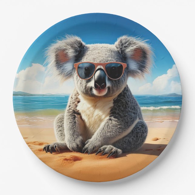 Koala on a sandy beach  paper plate (Front)