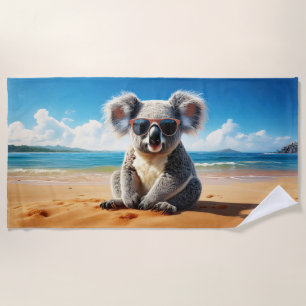 Koala on a sandy beach towel