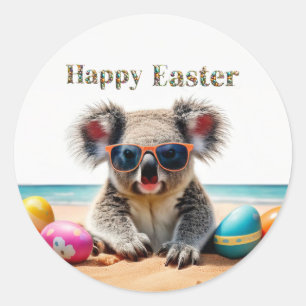 Koala on beach with Easter eggs Happy Easter Classic Round Sticker