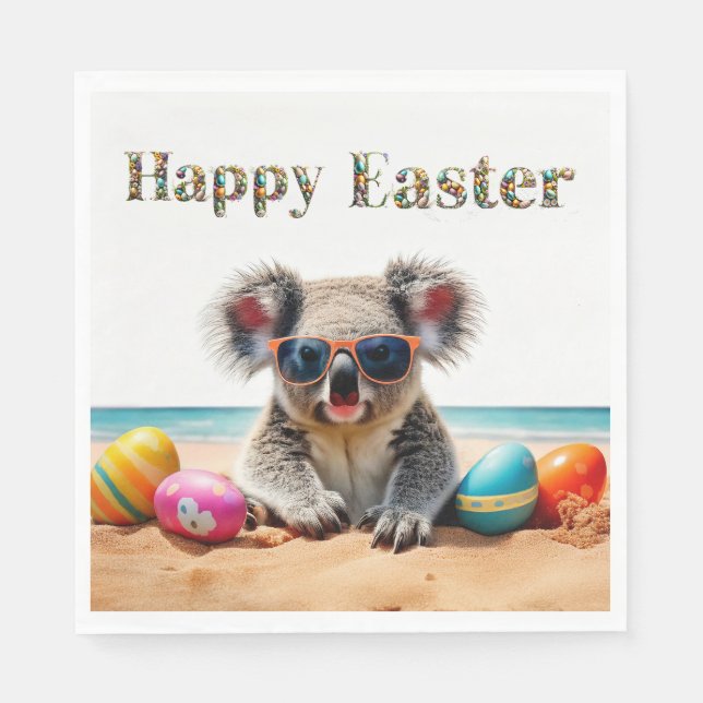 Koala on beach with Easter eggs Happy Easter Napkin (Front)