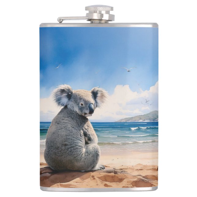 Koala on sandy beach hip flask (Front)