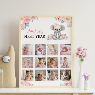 Koala Pink Floral First Year Photo Milestone Sign