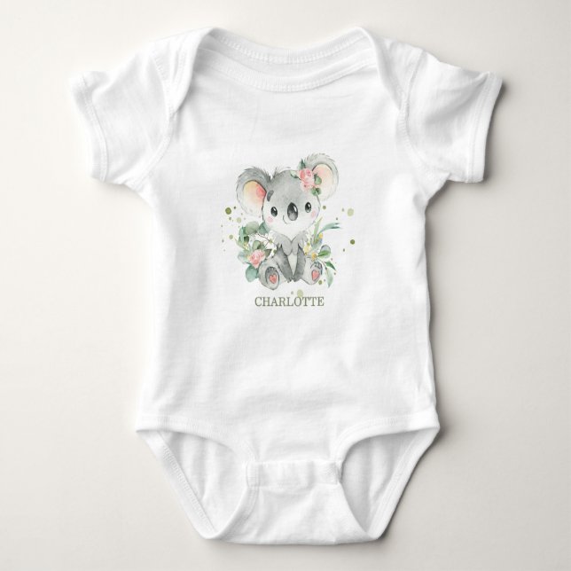 Koala Pink Floral Greenery 1st Birthday Outfit Baby Bodysuit (Front)