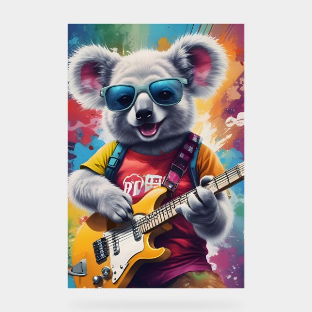 Koala playing guitar, rock graffiti acrylic sign (Front)