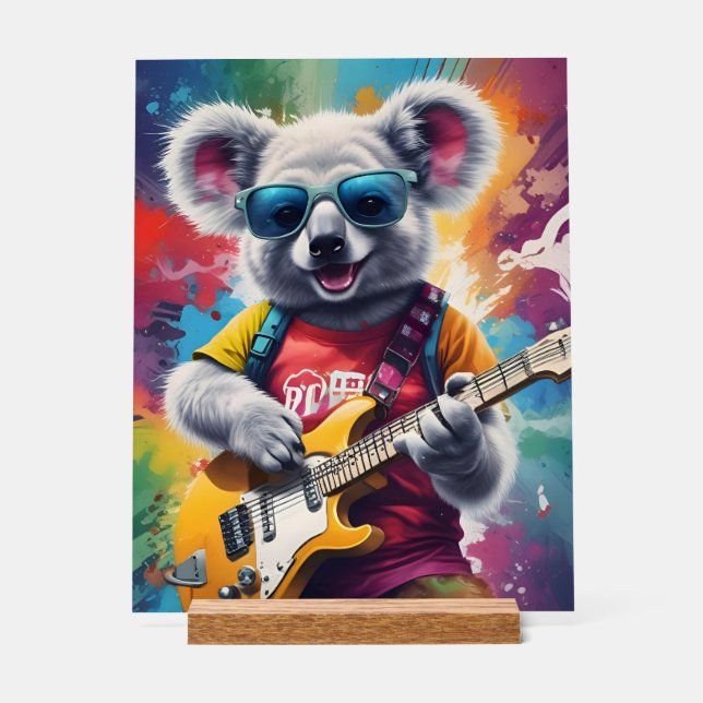 Koala playing guitar, rock graffiti acrylic sign (Front)