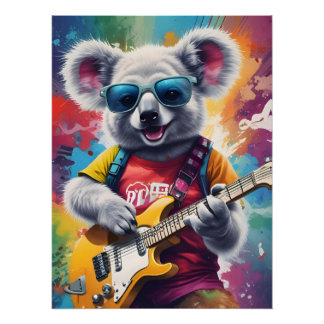 Koala playing guitar, rock graffiti poster