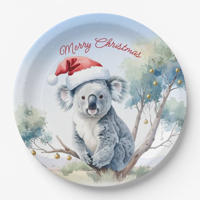 Koala Sitting in a Gum tree Merry Christmas Paper Plate (Front)