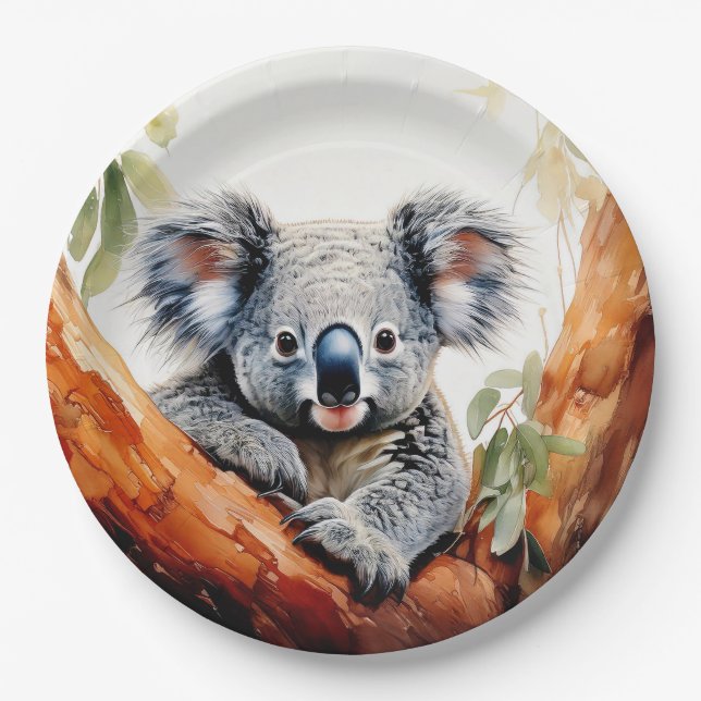 Koala Sitting in a Gum tree Paper Plate (Front)