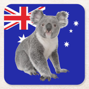 Koala with Australian Flag Background   Square Paper Coaster
