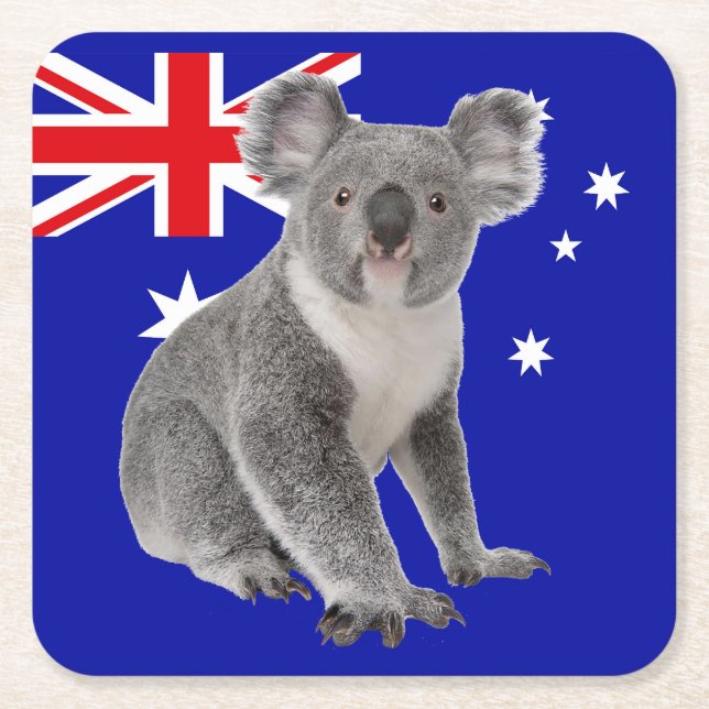 Koala with Australian Flag Background   Square Paper Coaster (Front)
