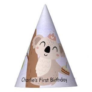 Koala with birthday cake party hat