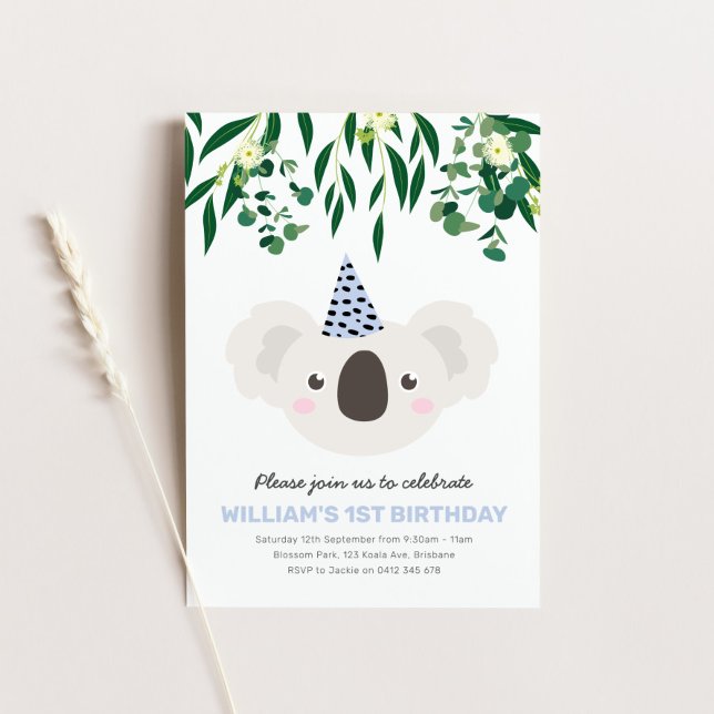 Koala With Blue Party Hat Birthday Invitation (Creator Uploaded)