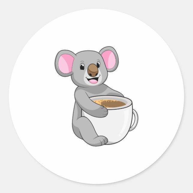 Koala with Coffee Cup Classic Round Sticker (Front)