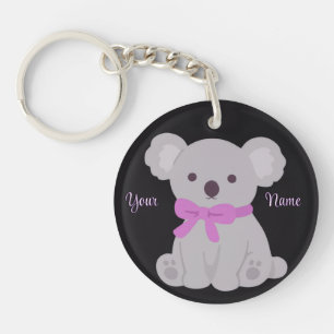 Koala with Purple Bow Cute Kawaii Custom Black Key Ring
