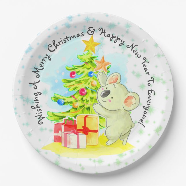 Koala with Tree 9" Australian Christmas Party  Paper Plate (Front)