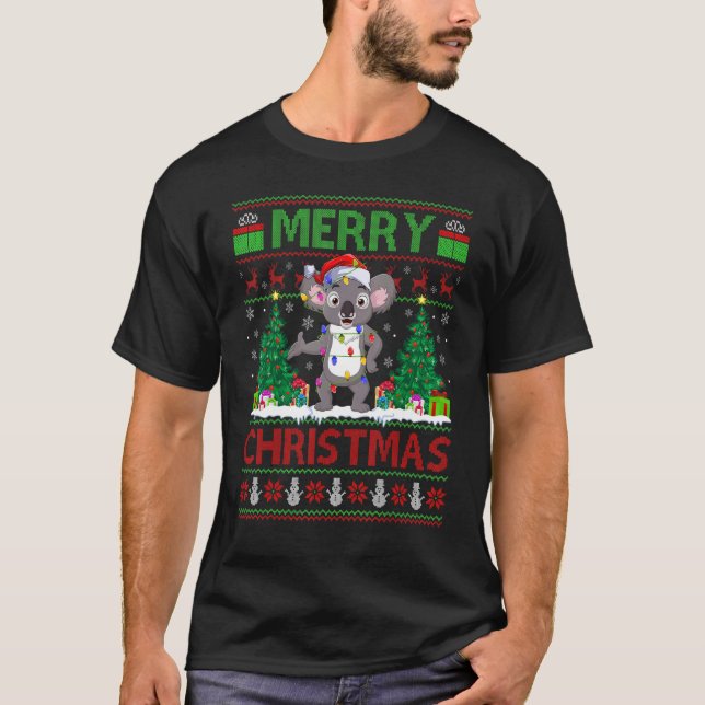 Koala   Xmas Tree Lights Ugly Santa Koala Christma T-Shirt (Front)