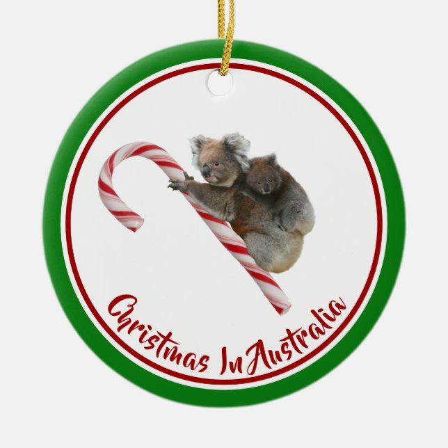 Koalas On Candy Cane Down Under  Ceramic Tree Decoration (Front)