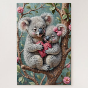 Koalas Snuggled Tight on Eucalyptus Branch Jigsaw Puzzle
