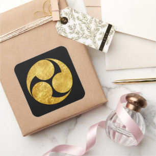 Kobayakawa Mon Japanese clan faux gold on black Square Sticker