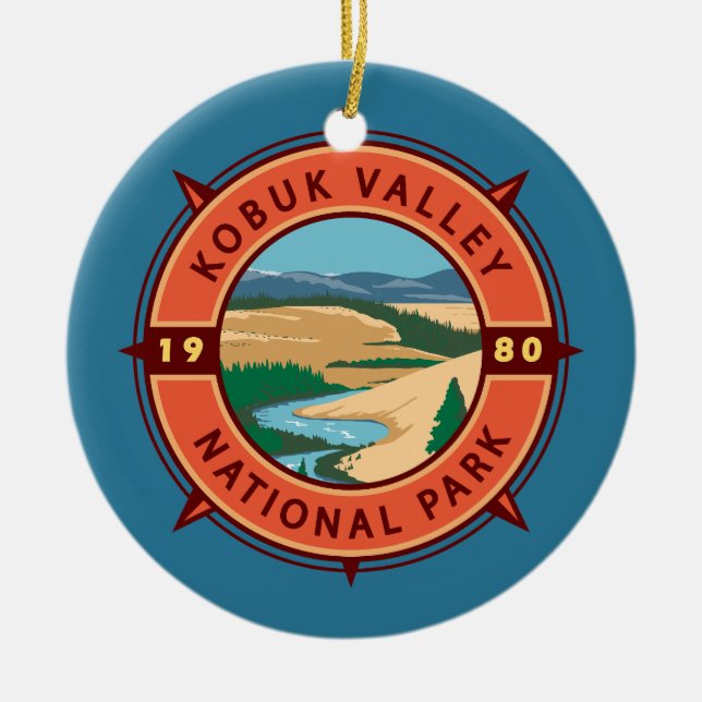 Kobuk Valley National Park Retro Compass Emblem Ceramic Tree Decoration (Front)