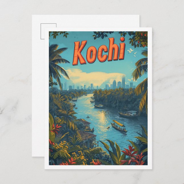 Kochi Kerala India Vintage Art Travel Illustration Postcard (Front/Back)
