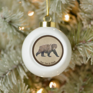 Kodiak Bear On Old Paper Ceramic Ball Christmas Ornament