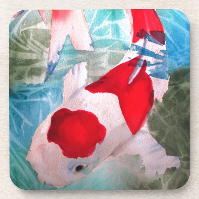 Kohaku Koi 2 Japanese watercolor fish art Coaster (Front)
