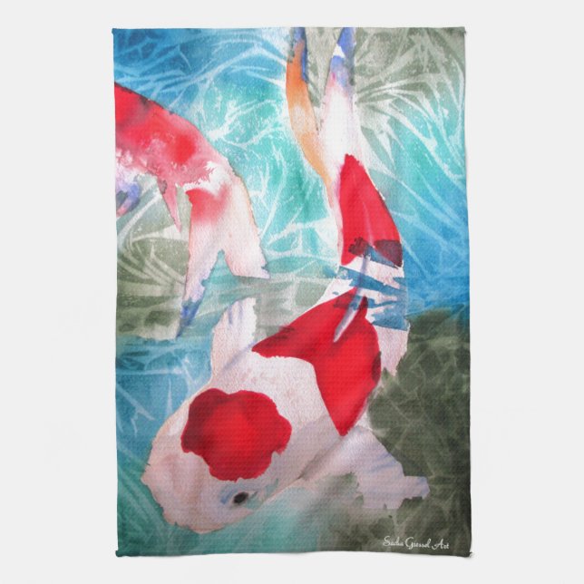 Kohaku Koi 2 Japanese watercolor fish art Tea Towel (Vertical)