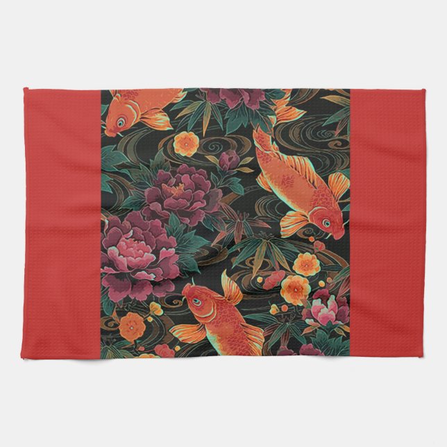 Koi and Peonies Kitchen Towels (Horizontal)