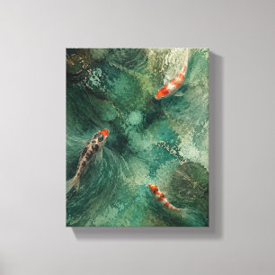 Koi beneath Jade Ripples Botanical Pond Canvas Pri Print