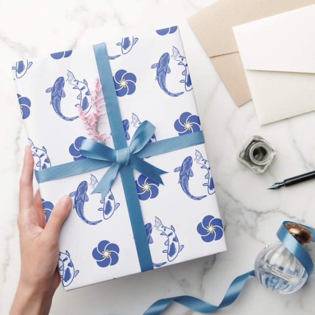 Koi Blossom Crest: Serene Blue Edition Wrapping Paper (Gifting)