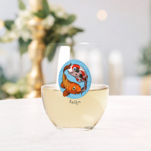 Koi Carp Add Your Name Two Colourful Fish Cartoon Stemless Wine Glass