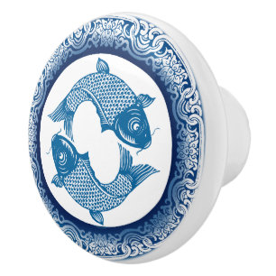 Koi Carp Fish Chinoiserie Blue Pattern Ceramic Knob