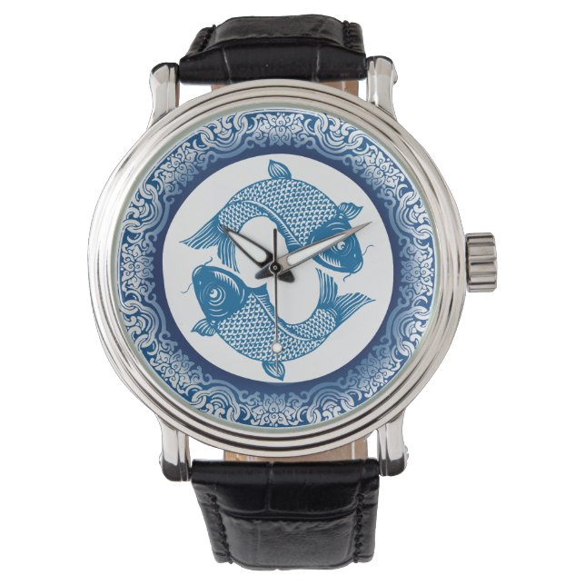 Koi Carp Fish Chinoiserie Blue Pattern Watch (Front)