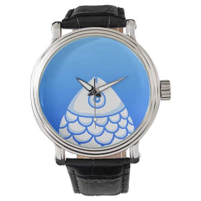 Koi Carp Fish Chinoiserie Chic Blue White Watch (Front)
