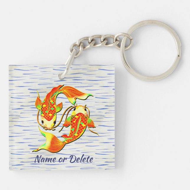 Koi Carp Fish Orange Green on Water - Add Name Key Ring (Back)
